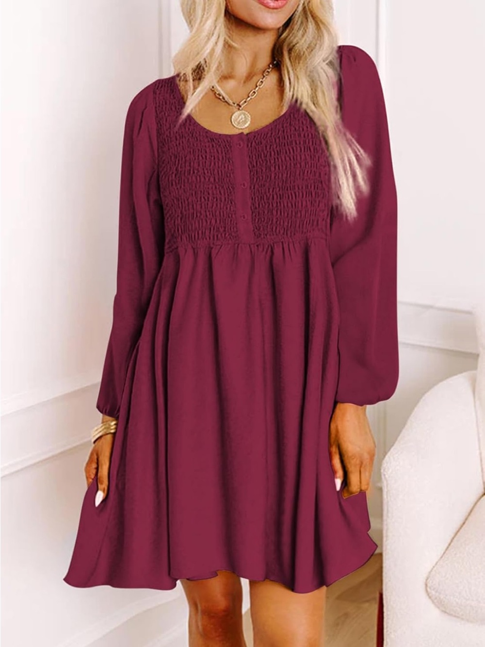5/$25 Women's Smocked Yoke Long Sleeve Dress - Burgundy